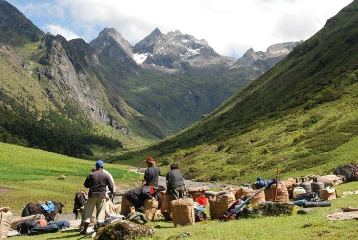 A trekking crew sorts baskets and gear beside loaded pack animals in a green high valley, craggy snow-dusted peaks rising under a pale sky behind